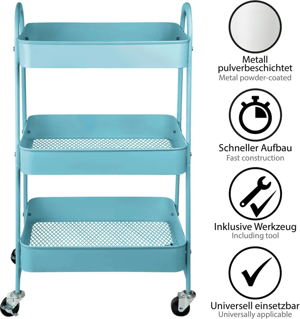  ONVAYA® Servierwagen Silvio | Beistellwagen | Blau | 30,5 X 45 X 77 Cm | 3 Fächer | Multifunktionswagen | Transportwagen | Allzweckwagen | Küchentrolley | Nischenregal