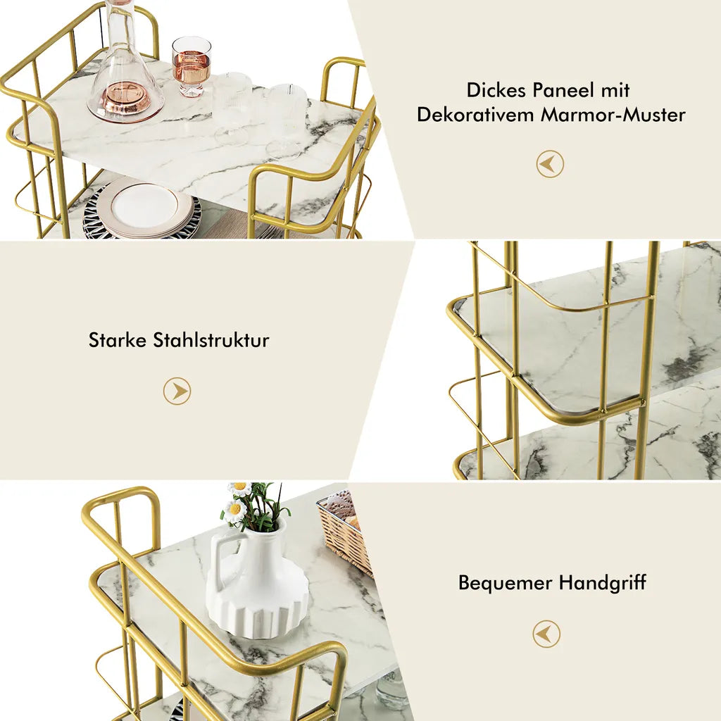  COSTWAY Küchenwagen Mit Universalrädern, Servierwagen 3 Ablagen, Marmor-Optik Barwagen Modern, Mobiler Rollwagen, Haushaltswagen Metallrahmen, Mehrzweckwagen Für Haus, Restaurant, Allzweckwagen Golden
