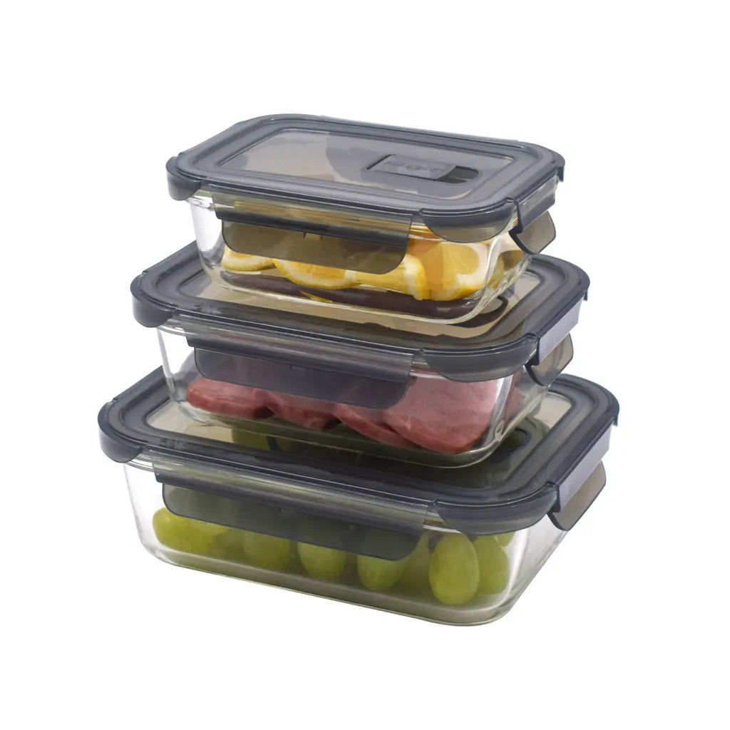  PIE LOCK Vorratsdosen 6 Teilig Eckig - Vorratsdosen Set Mikrowellengeeignete Essensbox Vorratsbehälter - Grau Glasdose Lunchbox Vorratsgläser Set