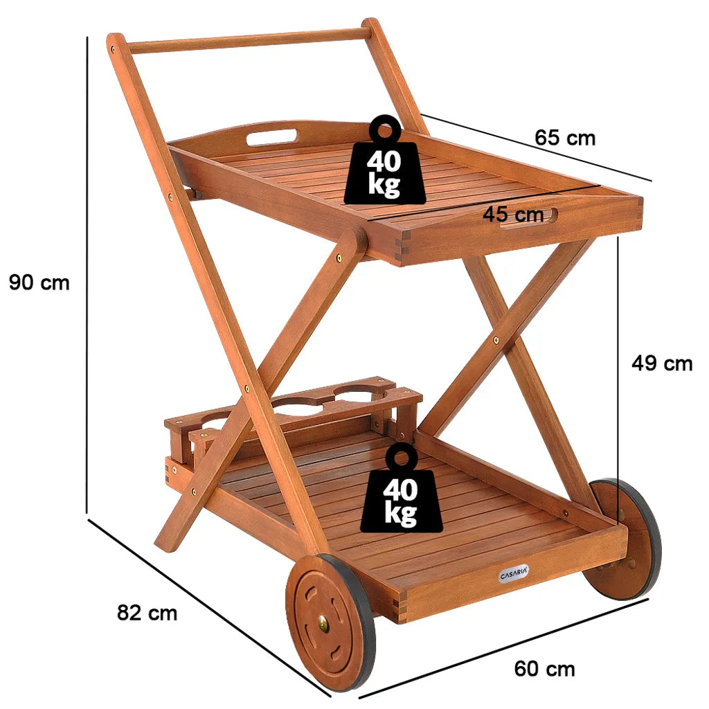  Casaria Servierwagen Küchenwagen Mit Rollen Akazienholz FSC® Zertifiziert Tablett Abnehmbar 3 Flaschenhalter Rollwagen Holz