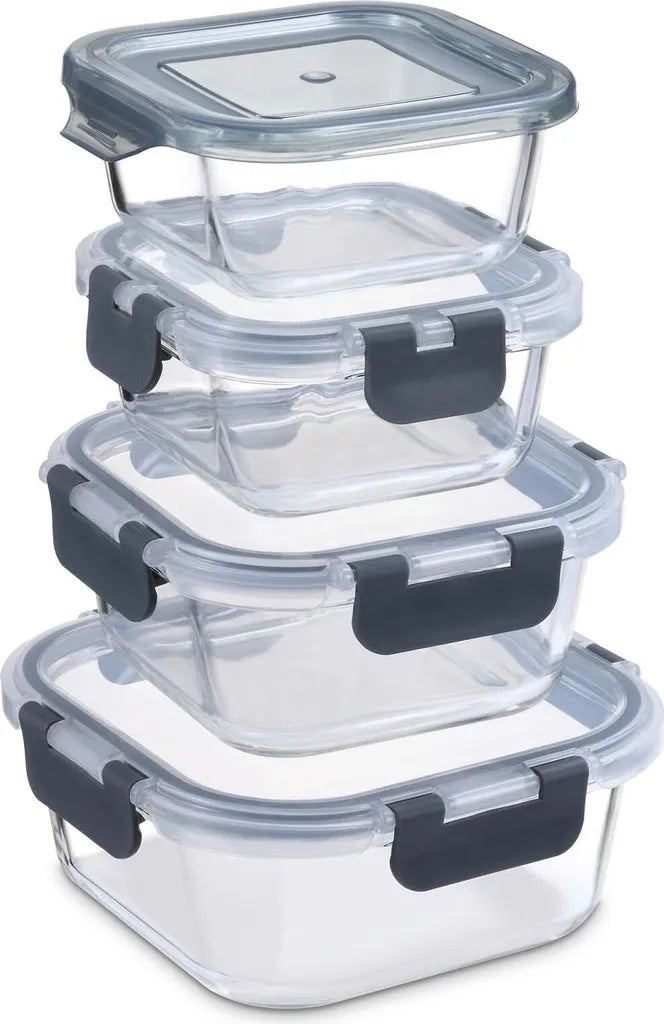  PIE LOCK Frischhaltedosen Set 24 Teilig - Frischhalte Dosen Glasdose Eckig Vorratsdosen - In Transparent Mit Grau Mikrowellengeeignete Frischhaltedose Essensbox Für Lebensmittel BPA-Frei