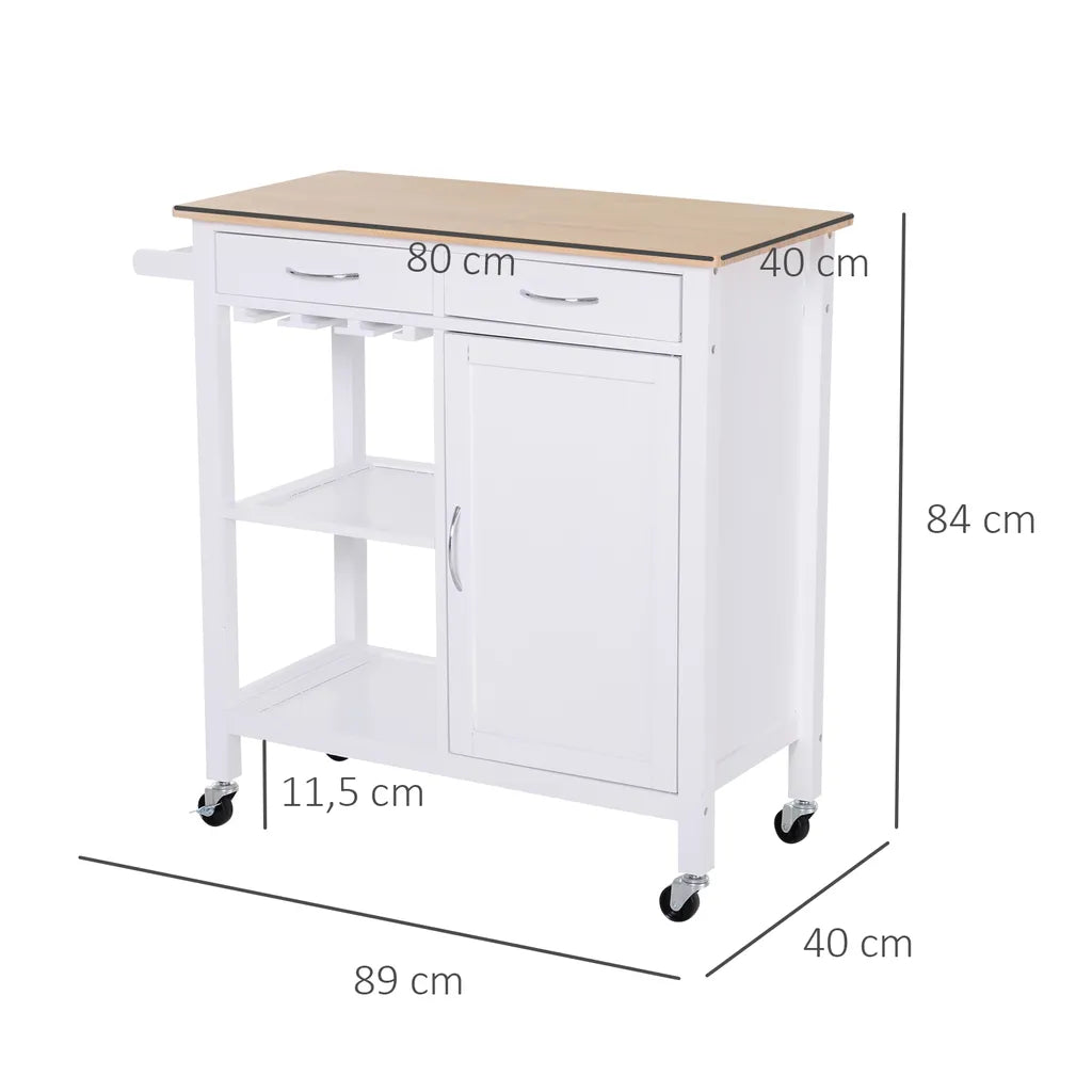  HOMCOM Servierwagen Küchenwagen Rollwagen Küchentrolley Mit Schrank Schublade Holz Weiß 88,5 X 40 X 86 Cm