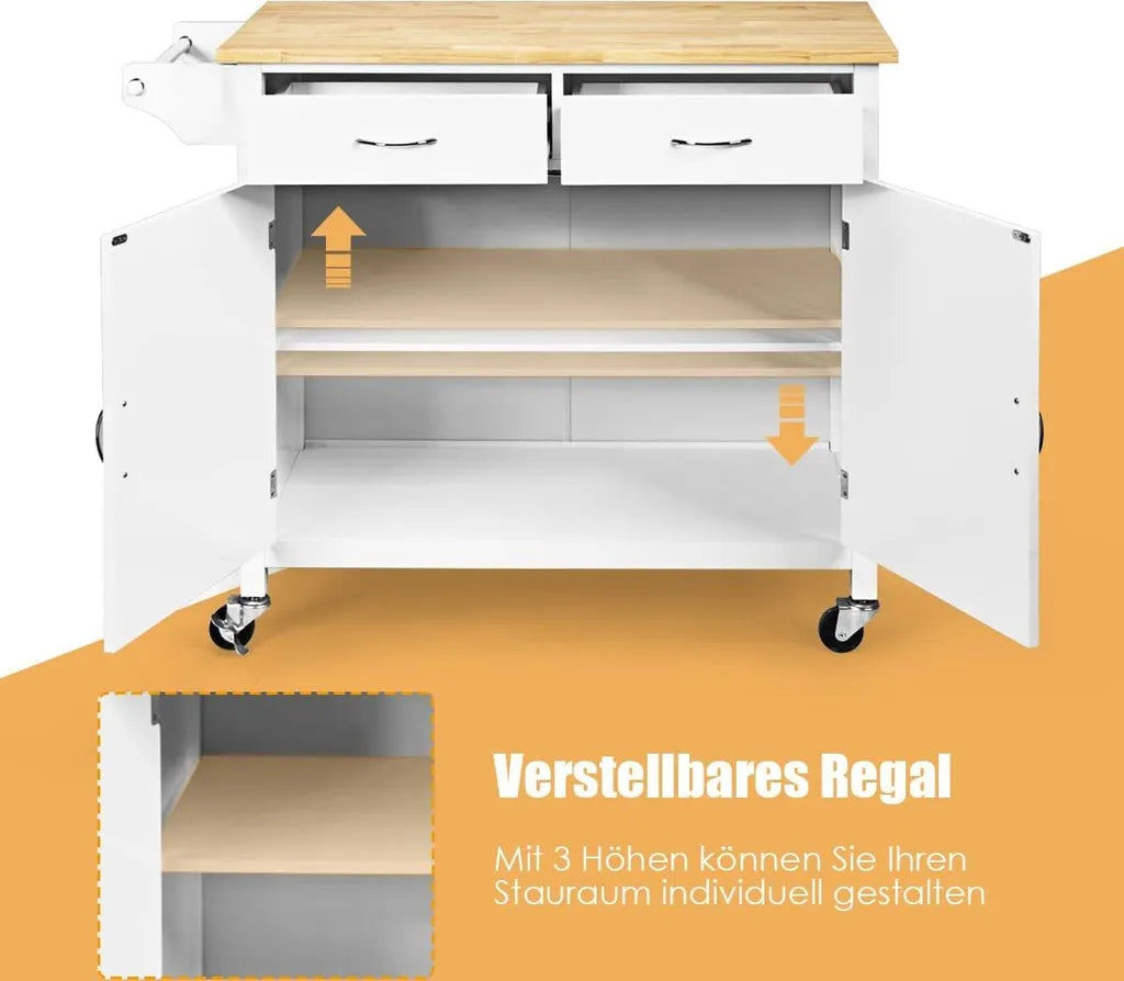  COSTWAY Rollende Kücheninsel Aus Gummiholz, Küchenwagen Mit Handtuchhalter & Verstellbarem Regal & Schubladen, Servierwagen Mit Arbeitsplatte Für Küche, Esszimmer & Bar (Weiß)