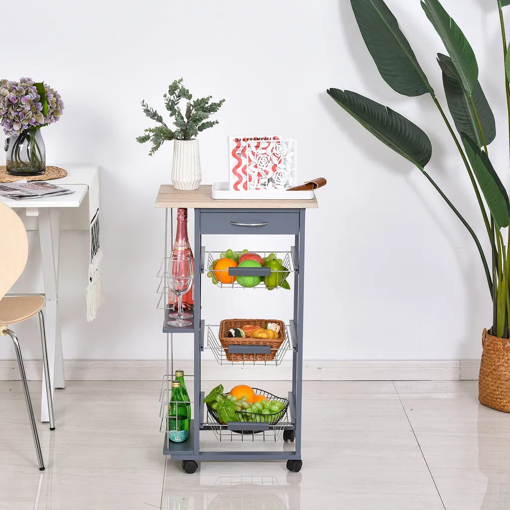  HOMCOM Küchenwagen Auf Rädern, Rollwagen Mit 2 Regalen, Servierwagen, Bastelwagen Mit Arbeitsplatte Und Gewürzregal, Rollregal Für Küche, Esszimmer, Kiefernholz, Grau, 47 X 37 X 83 Cm