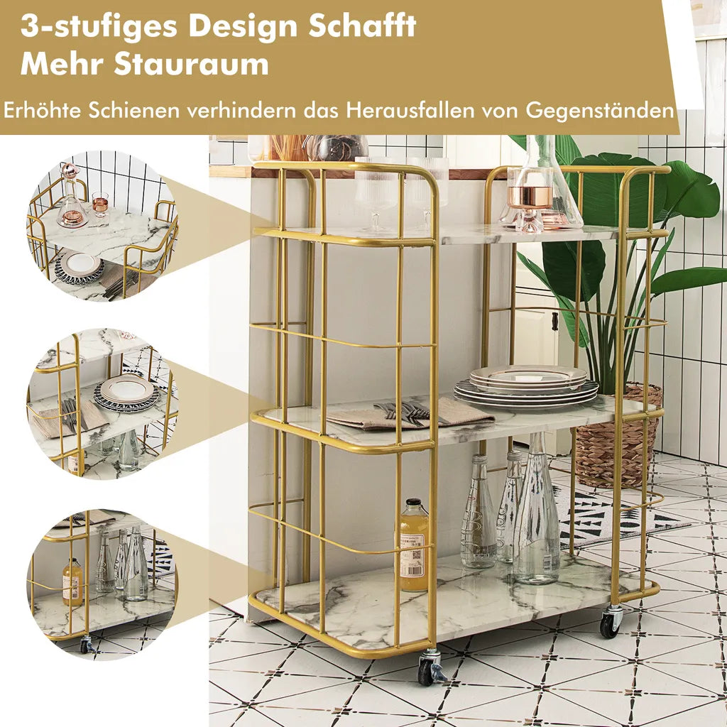  COSTWAY Küchenwagen Mit Universalrädern, Servierwagen 3 Ablagen, Marmor-Optik Barwagen Modern, Mobiler Rollwagen, Haushaltswagen Metallrahmen, Mehrzweckwagen Für Haus, Restaurant, Allzweckwagen Golden
