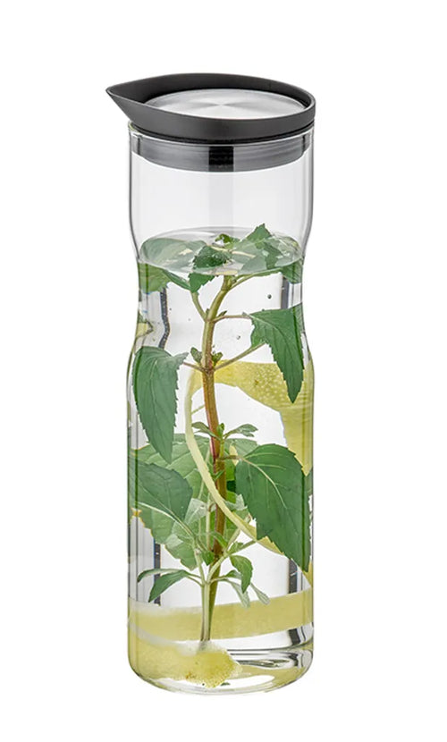  APS Glaskaraffe /// Ø 8 Cm, H: 25 Cm, 1 Liter /// Glas, 18/8 Edelstahl, Silikon /// Deckel Matt Poliert /// 10721