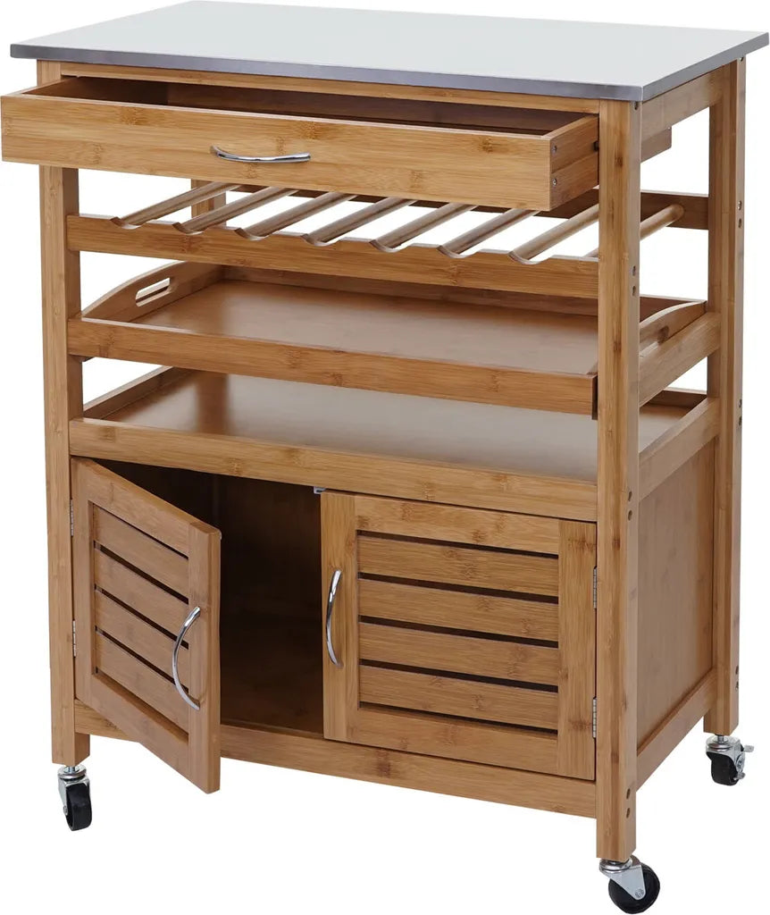  Servierwagen HWC-D15, Küchenwagen Barwagen Rollwagen Küchenhelfer Beistellwagen, Bambus Mit Edelstahlplatte 89x70x37cm