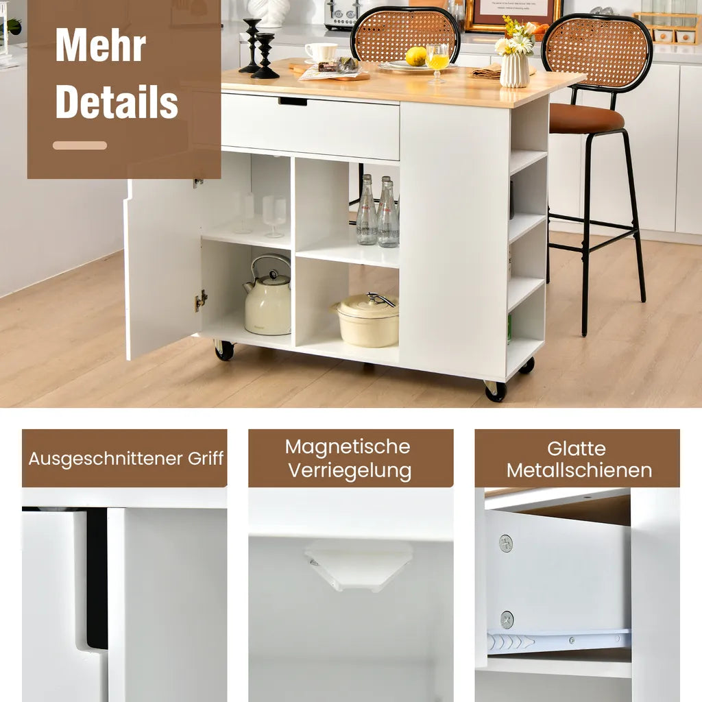  COSTWAY Küchenwagen Mit Ausziehbarer Arbeitsfläche, Servierwagen Auf Rollen, Kücheninselwagen Holz, Küchenschrank Mit Ablagen & Schublade & Gewürzregal, Küchentrolley Für Küche Esszimmer (Weiß)