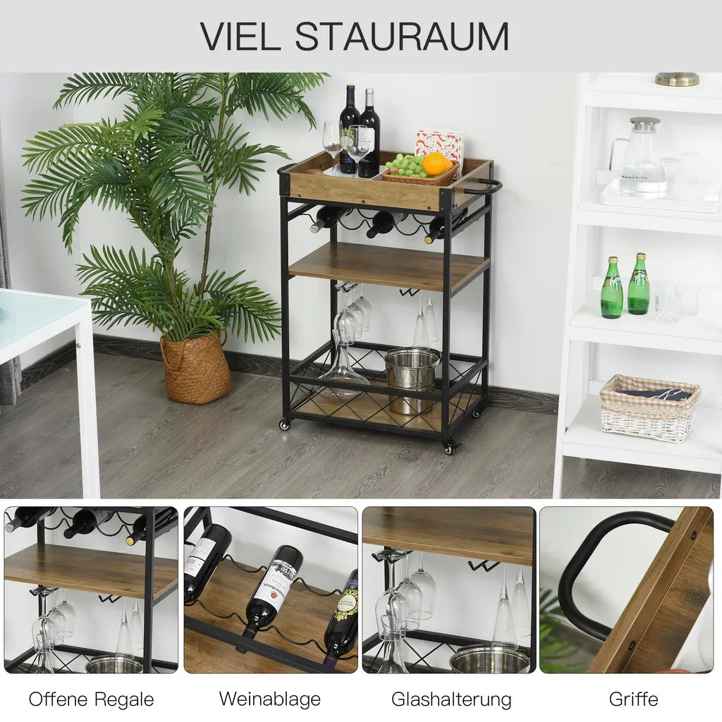  HOMCOM Rollwagen Servierwagen Auf Rollen, Küchenwagen Mit Weinregal Und Glashalter, Mit Bremsen, Metall, 77 X 44,5 X 91 Cm