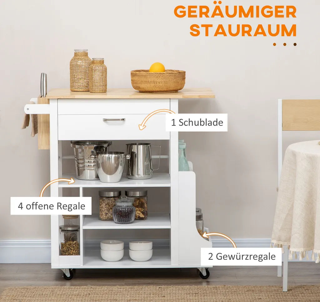  HOMCOM Küchenwagen, Rollwagen, Küchenschrank Mit Arbeitsplatte Aus Gummiholz, Trolley, Beistellwagen Auf Rollen, Servierwagen Mit Schublade, Werkzeugkasten Für Küche, Weiß, 89 X 48 X 89 Cm