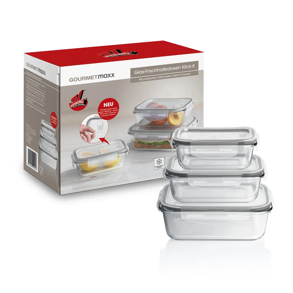  GOURMETmaxx Glas-Frischhaltedosen Klick-it Mit Mikrowellen-Ventil - 6-teilig - Grau