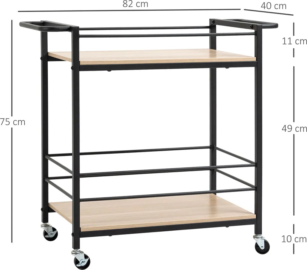  HOMCOM Küchenwagen Servierwagen Aufbewahrungswagen Beistellwagen Mit 2 Ebenen Und Griff Rollenwagen Für Küche Esszimmer Belastbarkeit 60 Kg Spanplatte 82 X 40 X 75 Cm
