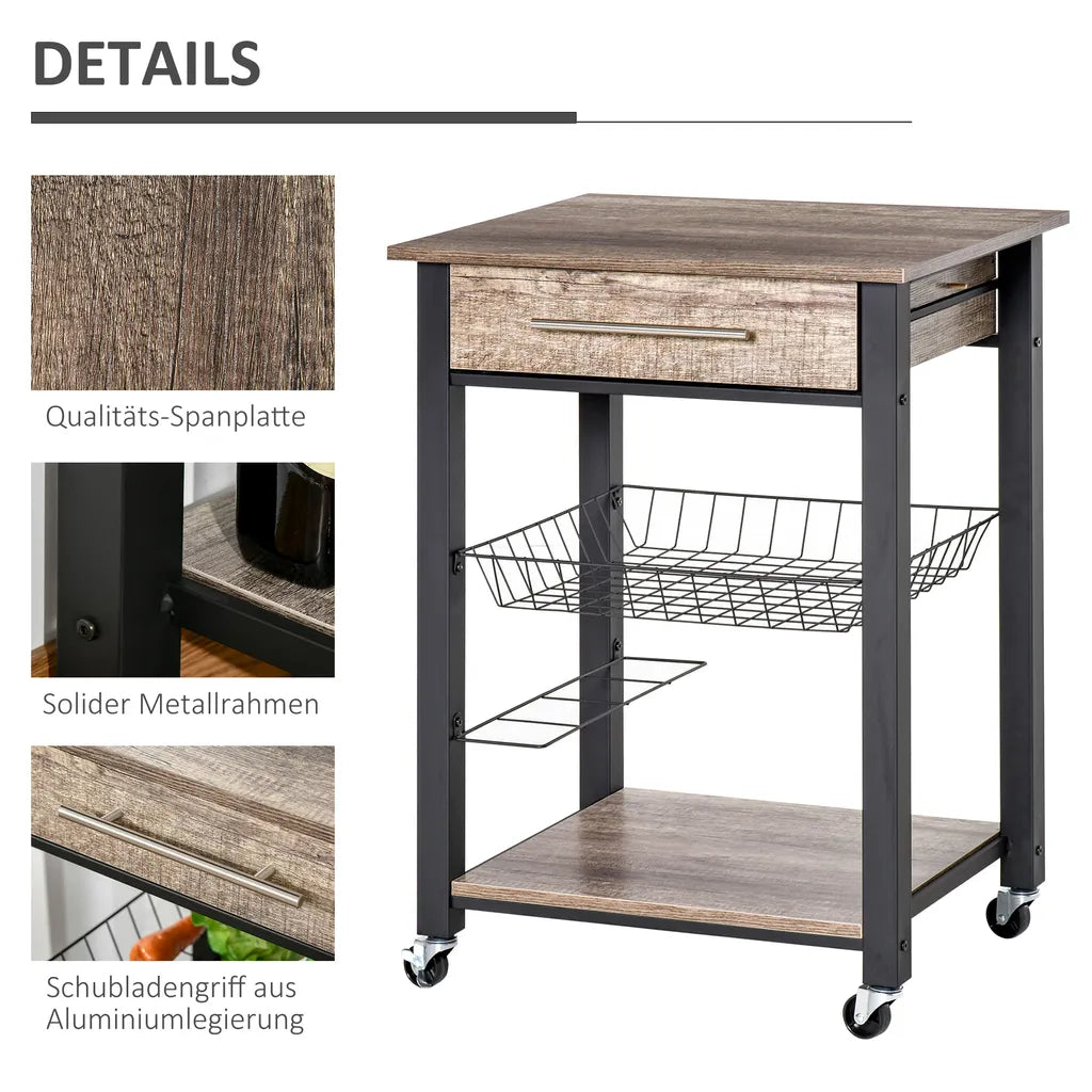  HOMCOM Küchenwagen Küchenrollwagen Servierwagen Mit Ablage Schublade Weinregal Spanplatte Metall Grau Eiche 60 X 50 X 84,5 Cm