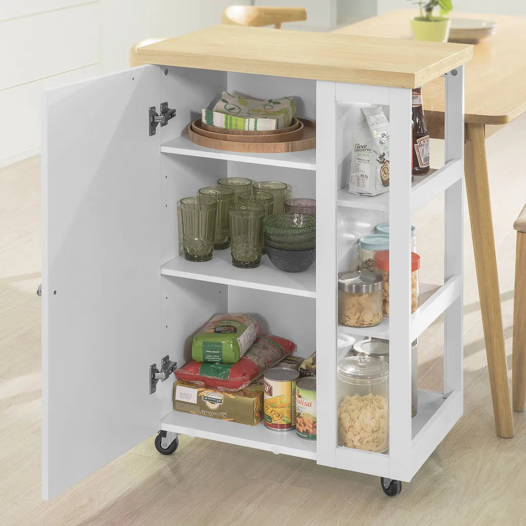  SoBuy FKW75-WN Küchenwagen Servierwagen Beistellwagen Rollwagen Mit 1 Tür Und 3 Regalböden Weiß-Natur BHT Ca.: 60x90x40cm