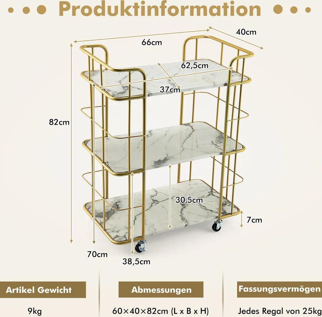  COSTWAY Küchenwagen Mit Universalrädern, Servierwagen 3 Ablagen, Marmor-Optik Barwagen Modern, Mobiler Rollwagen, Haushaltswagen Metallrahmen, Mehrzweckwagen Für Haus, Restaurant, Allzweckwagen Golden