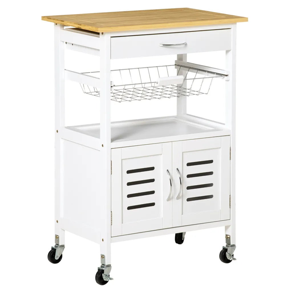  HOMCOM Küchenwagen Küchenrollwagen Servierwagen Mit Schublade Abnehmbares Tablett Bambus MDF Metall Weiß+Natur 58 X 37 X 83 Cm