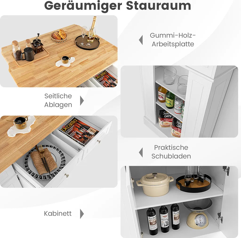  COSTWAY Kücheninsel Aus Gummiholz, Küchenschrank Klappbar Mit Ausziehbarer Arbeitsplatte, Küchenschrank Mit Schubladen, Seitenregalen, 2-türigem Schrank, 3-stufig Verstellbaren Böden