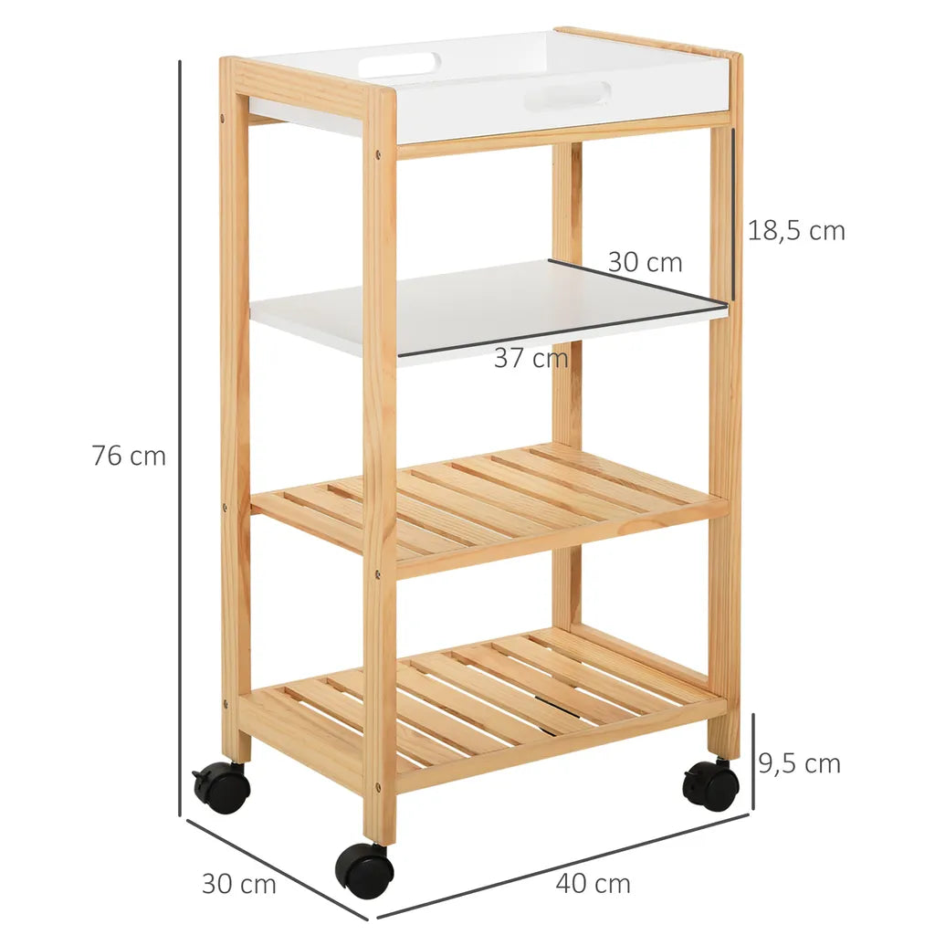  HOMCOM Küchenwagen, Küchenrollwagen, Servierwagen Mit Ablage, Abnehmbares Tablett Kiefer Weiß+Natur 40 X 30 X 76 Cm