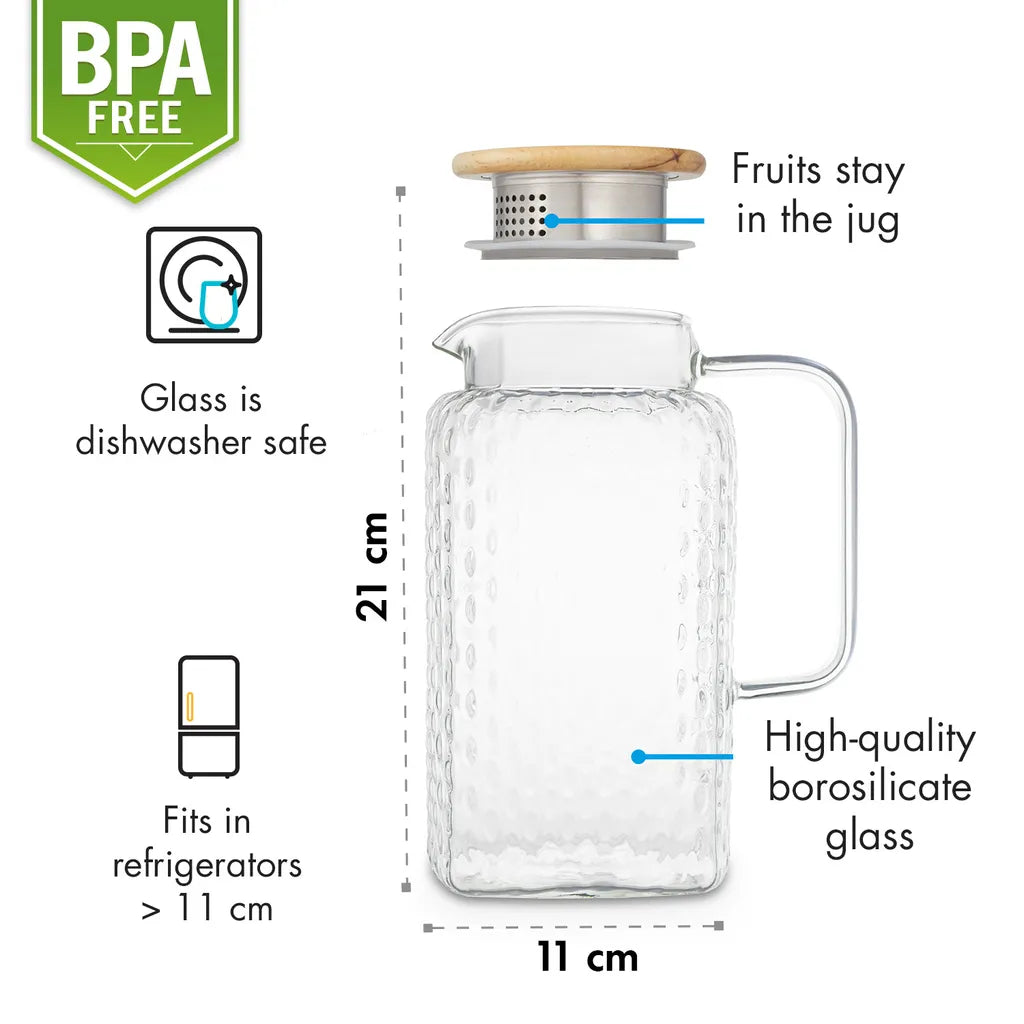  Klarstein Glaswerk Livenza Wasserkrug Glaskaraffe Glaskrug Mit Deckel Wasserkaraffe , Volumen: 1,5 Liter , Deckel Aus Eichenholz , Borosilikatglas , Edelstahlsieb , Transparent