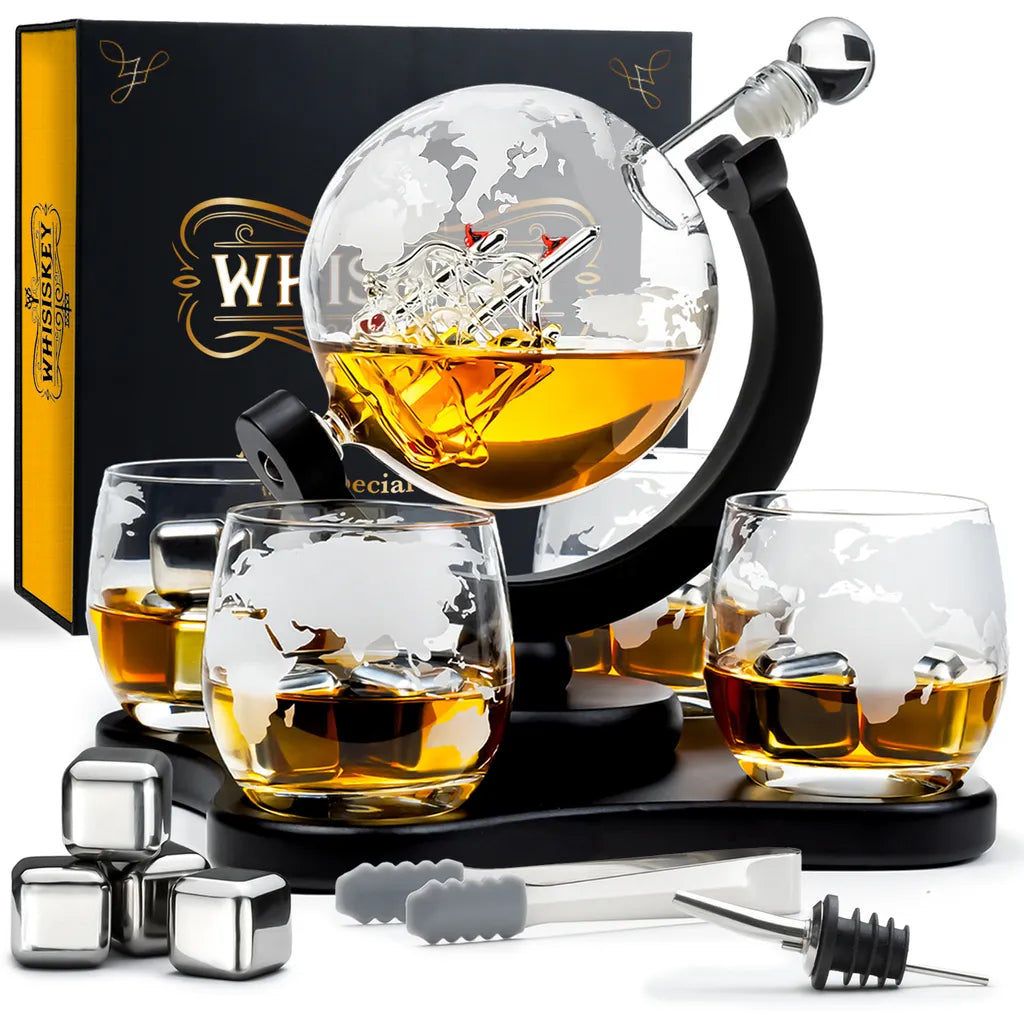  Whisiskey - Whisky Karaffe - Geschenke Für Männer - Komplette Whiskey Set - Globus - 900ML – Inkl. 4 Whisky Steine, 4 Whisky Gläser & Ausgießer - Whisky Dekanter – Whiskygläser - Natursteine