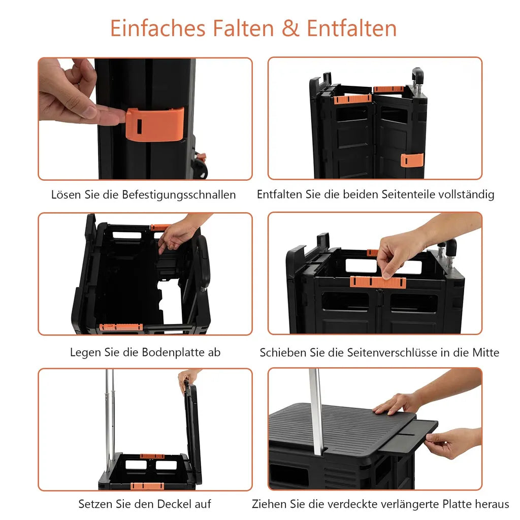  COSTWAY 55L Einkaufstrolley 80kg Belastbar, Klappbarer Einkaufswagen Mit 3-fach Verstellbarem Griff, 2 Bremsbaren Universalrädern & Erweiterbarer Obere Abdeckung, Handwagen Tragbar, Schwarz