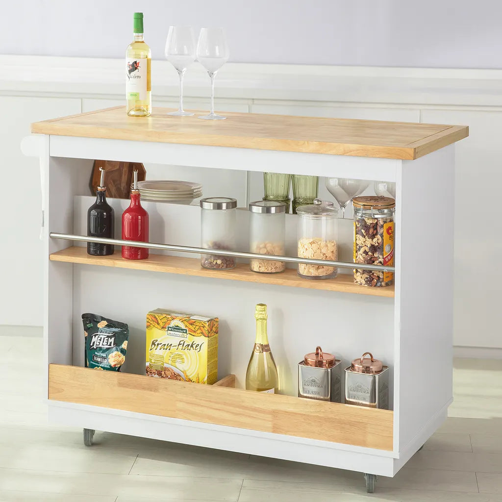 SoBuy FKW107-WN Design Küchenwagen Mit Arbeitsplatte Kücheninsel Küchenschrank Rollwagen Sideboard Auf Rollen Weiß-Natur BHT Ca.: 110x91x55cm