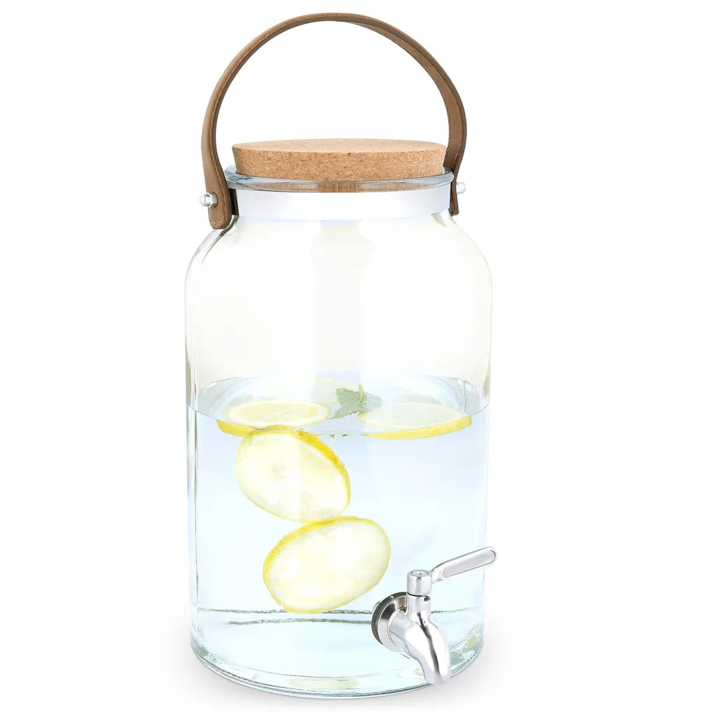  Navaris Getränkespender 5,6 Liter Aus Glas - Mit Zapfhahn Aus Edelstahl Und Kork Deckel - Wasserspender Glasbehälter Für Kalte Getränke