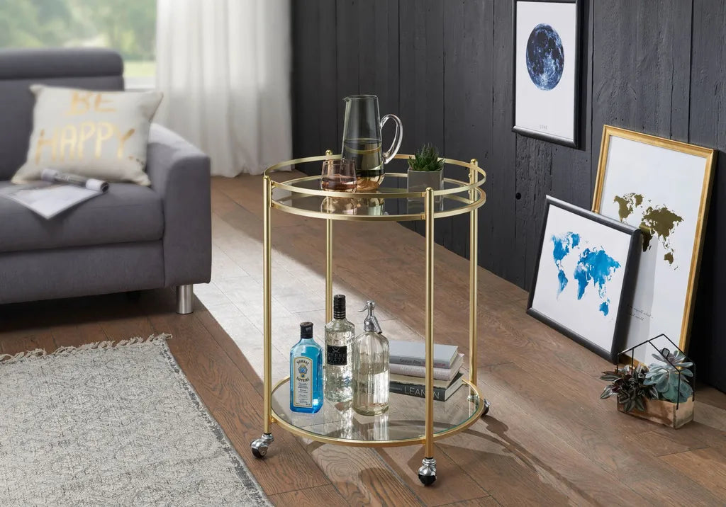  WOHNLING Design Servierwagen Gold Ø 57 Cm Beistelltisch | Teewagen Metall Mit Rollen | Küchenwagen Mit Glasplatten | Barwagen Rund 75 Cm Hoch | Küchentrolley Modern | Rollwagen
