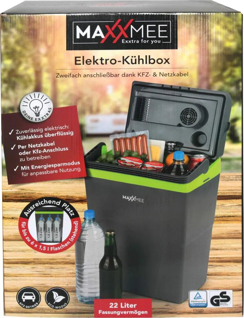  MAXXMEE Kühlbox - Wahlweise Via Netzkabel Oder KFZ-Anschluss - 22l Volumen - Grau/limegreen Kühlbox Camping Kühlschrank 22L Auto 12V 230V Thermobox Elektrisch Picknick Grau