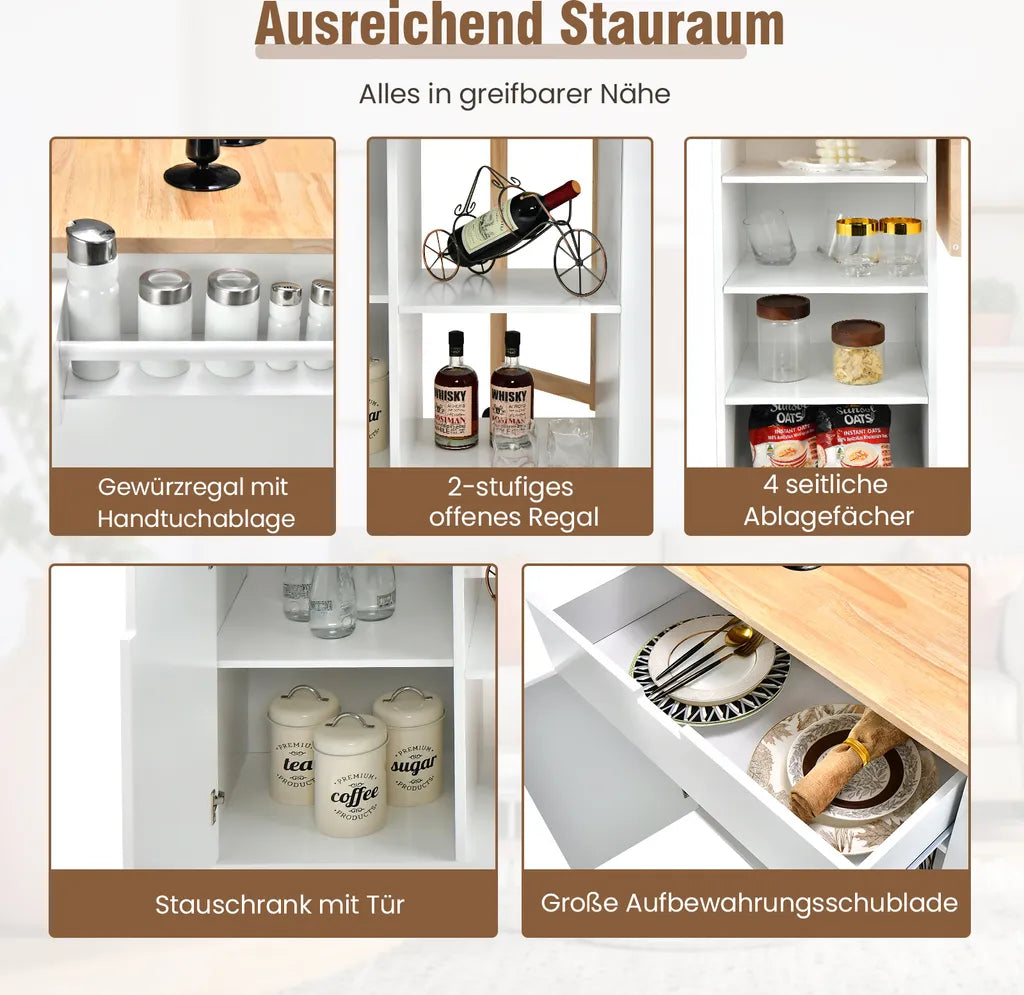  COSTWAY Küchenwagen Mit Ausziehbarer Arbeitsfläche, Servierwagen Auf Rollen, Kücheninselwagen Holz, Küchenschrank Mit Ablagen & Schublade & Gewürzregal, Küchentrolley Für Küche Esszimmer (Weiß)