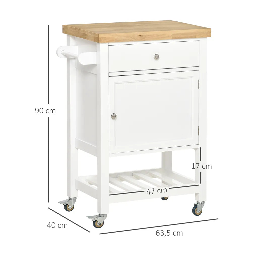  HOMCOM Küchenwagen Küchenrollwagen Servierwagen Mit Einer Schublade Geschlossenen Schrank Regalboden Und Handtuchhalter 4 Lenkrollen MDF Gummiholz Weiß+Eiche 63,5 X 40 X 90 Cm