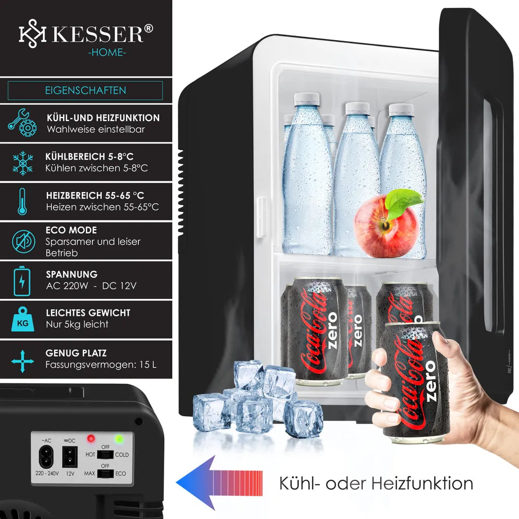  KESSER® 2in1 Mini Kühlschrank Kühlbox 15 Liter Kühl Und Heizfunktion Tragbarer AC DC 220-240V/12V Steckdose Und Zigarettenanzünder Warmhaltebox Mini-Thermobox Auto Büros Zimmer Camping Garten , Farbe:Schwarz, Größe:15L