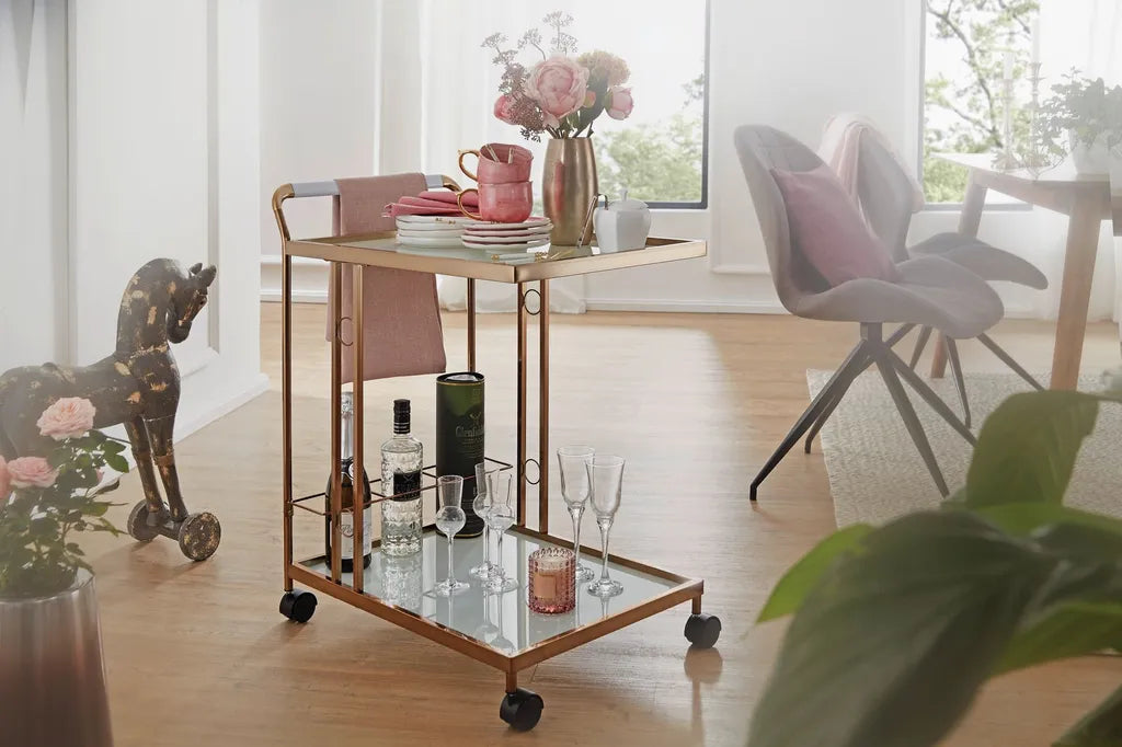  WOHNLING Design Servierwagen Gold 67x80x45 Cm | Mobiler Beistelltisch | Speisewagen Mit Glasplatte | Küchenwagen Milchglas | Teewagen | Mini Bar Auf Rollen