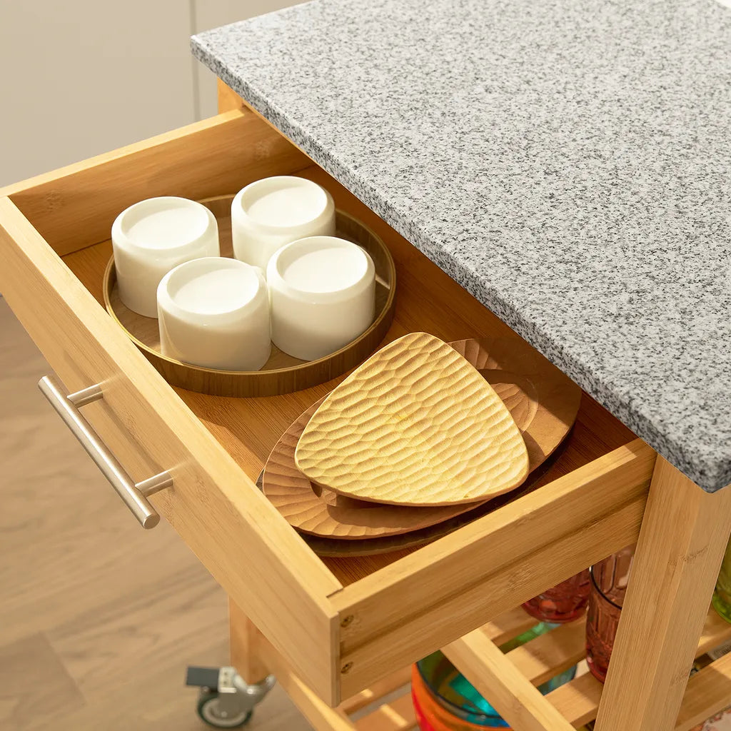  SoBuy FKW28-HG Servierwagen Mit Schublade Und 2 Ablagen Küchenwagen Küchenregal Aus Bambus Mit Granitarbeitsplatte BHT Ca.: 58x85x40cm