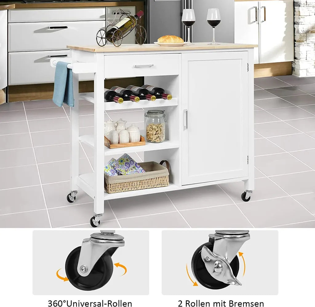  COSTWAY Küchenwagen Auf Rollen, Kücheninsel Mit Schublade, Weinregal, Offene Regale & Handtuchhalter, Platzsparender Servierwagen, Für Küche, Esszimmer, Bar, Weiß