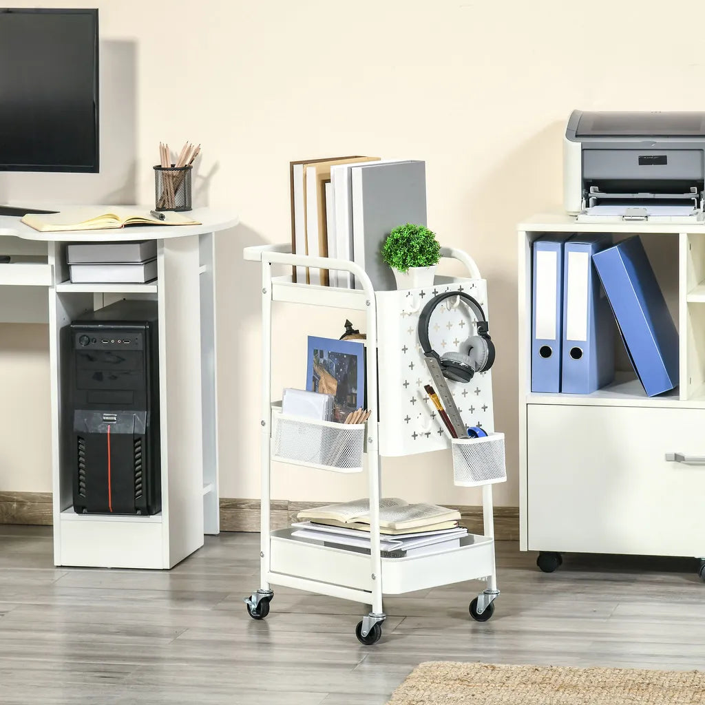  HOMCOM Rollwagen3-Etagen Küchenwagen Mit Schubladen Und Korb Für Küche Büro Schlafzimmer Wohnzimmer Stahl Weiß 51,5 X 32 X 75,6 Cm