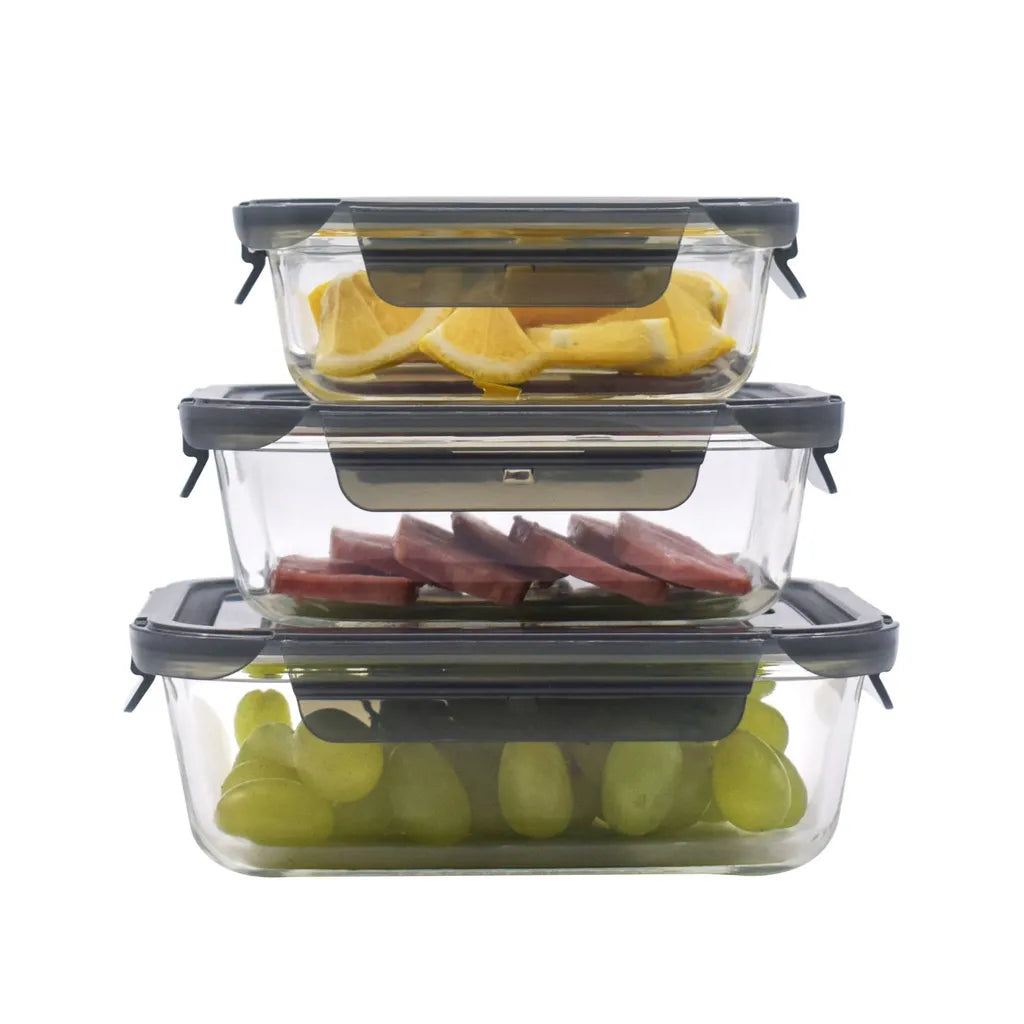  PIE LOCK Vorratsdosen 6 Teilig Eckig - Vorratsdosen Set Mikrowellengeeignete Essensbox Vorratsbehälter - Grau Glasdose Lunchbox Vorratsgläser Set