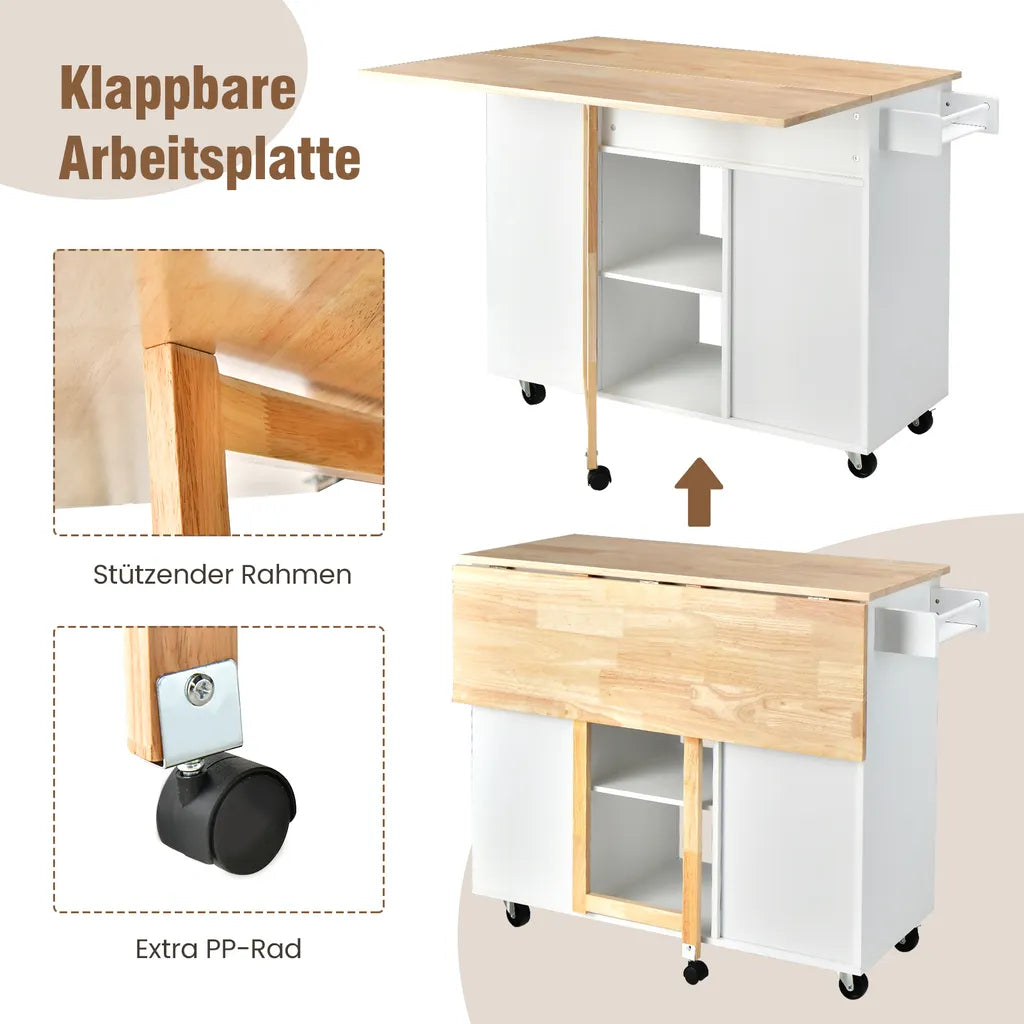  COSTWAY Küchenwagen Mit Ausziehbarer Arbeitsfläche, Servierwagen Auf Rollen, Kücheninselwagen Holz, Küchenschrank Mit Ablagen & Schublade & Gewürzregal, Küchentrolley Für Küche Esszimmer (Weiß)