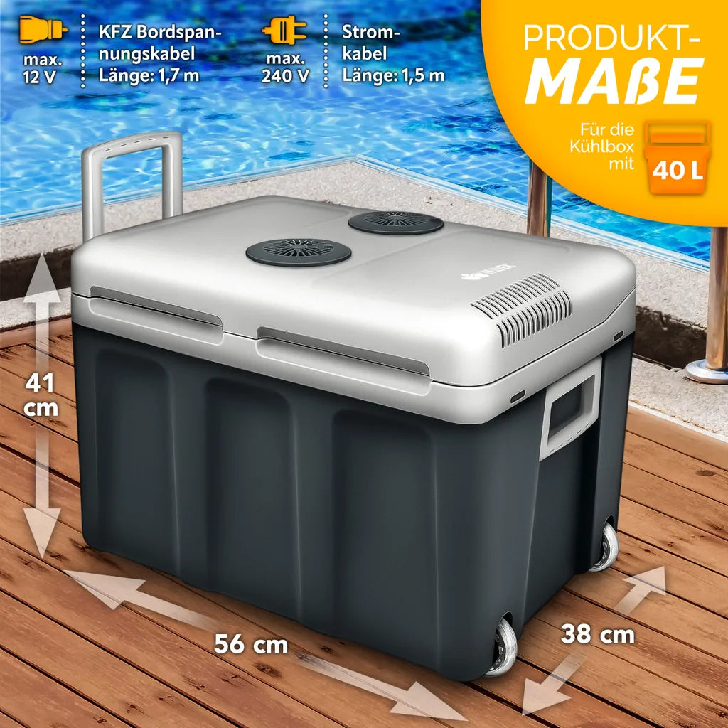  Tillvex Kühlbox Elektrisch 40L Grau Mit Rollen | Mini-Kühlschrank 230 V Und 12 V Für KFZ Auto Camping | Kühlt & Wärmt | ECO-Modus