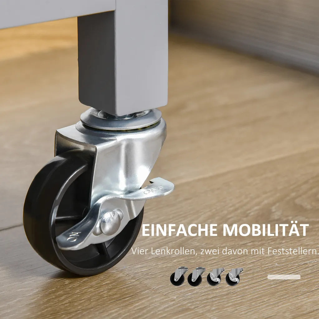  HOMCOM Küchenwagen Rollbar Servierwagen Standregal Küchentrolley Schrank Mit Schublade Bodenregal Handtuchhalter Für Küche Esszimmer Gummiholz MDF Grau+Natur 108 X 45 X 89 Cm